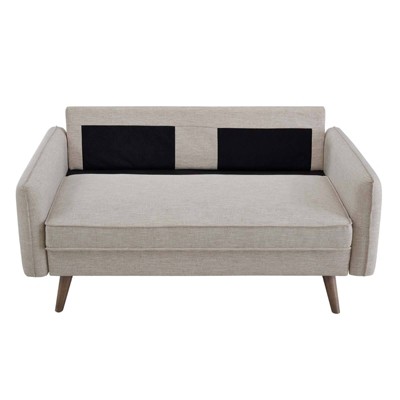 Beige Fabric Loveseat with Walnut Wood Legs