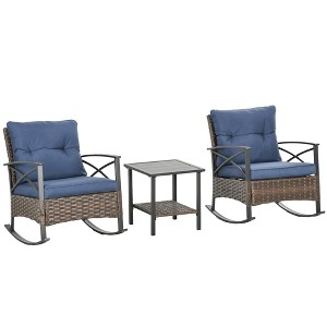 3 Piece Rocking Bistro Set, Outdoor Wicker Patio Conversation Set with Rockers, Table, Cushions, for Garden - 1 of 4