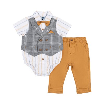 Image of Little Lad Baby Boys 3 Piece Short Sleeve Mock Vest Set, Khaki, 6/9M