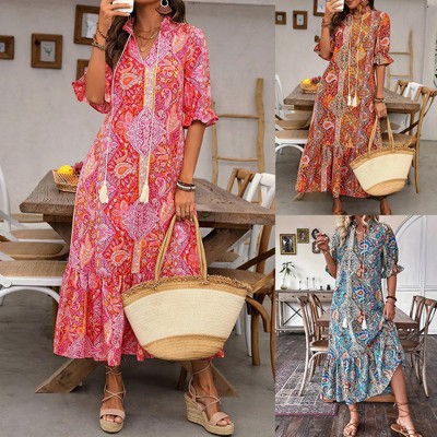 Women's V Neck Short Sleeve Floral Print Dress with Ruffle Hem and Tie Detail