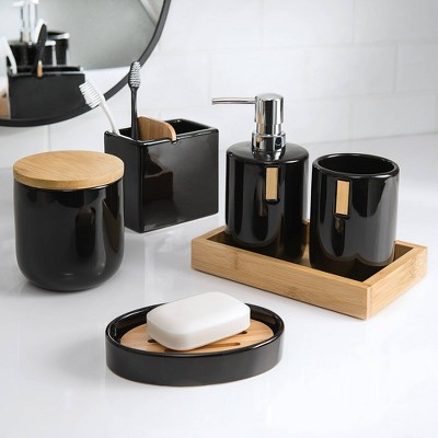 Black Ceramic Tumbler with Bamboo Accent
