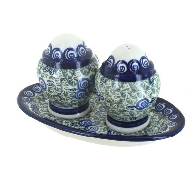 Blue Rose Polish Pottery Seaside Swirl Salt & Pepper Shakers with Plate