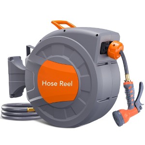 Garden Hose Reel, Retractable Garden Hose, Water Hose Reel With 9 Function Sprayer Nozzle, Automatic Rewind, 180° Swivel Wall Mount - 1 of 4