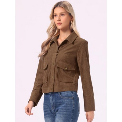 Женские куртки INSPIRE CHIC Women's Long Sleeve Point Collar Button Down Casual Corduroy Jacket with Flap Pockets Small Dark Brown — фото 4