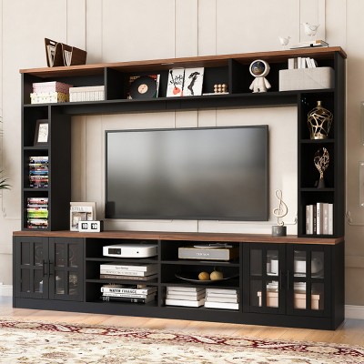 95.5" Wall Unit Entertainment Center with Bookshelves and Cabinets,Modern TV Stand for 80" TV with Glass Doors and Adjustable Shelves-Baofuwish