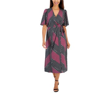 Anne Klein Womens Flutter Sleeve Faux Waistband Surplice Dress - 1 of 2