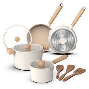 imarku Pots and Pans Set Non Stick, 10 Pcs Granite Cookware Set, Removable Handle Pots and Pans, PFOA Free, Oven Safe Pan, Cream - 1 of 4
