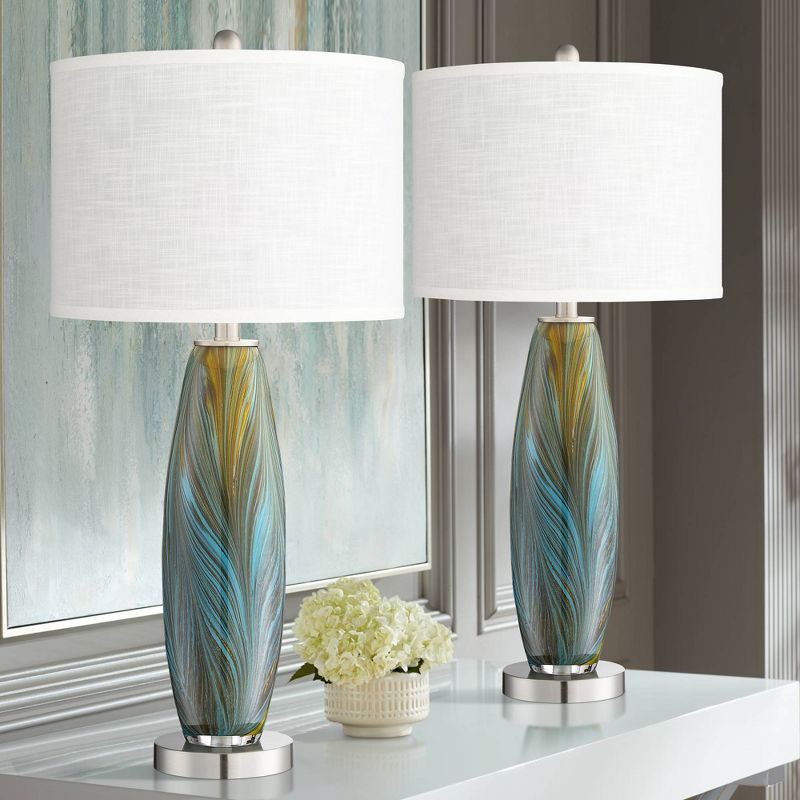 360 Lighting Azure Modern Table Lamps 29 1/2" Tall Set of 2 Blue Brown Art Glass Pure White Fabric Drum Shade for Bedroom Living Room Bedside Office, 2 of 9