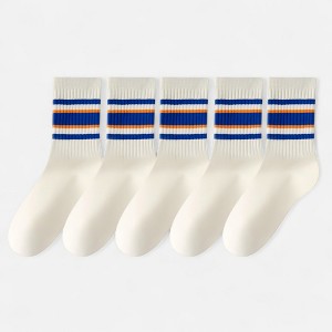 Anna-Kaci Women's 5-Pack Crew Socks Set with Ribbed Knit Texture and Classic Double Stripe Design - 1 of 4