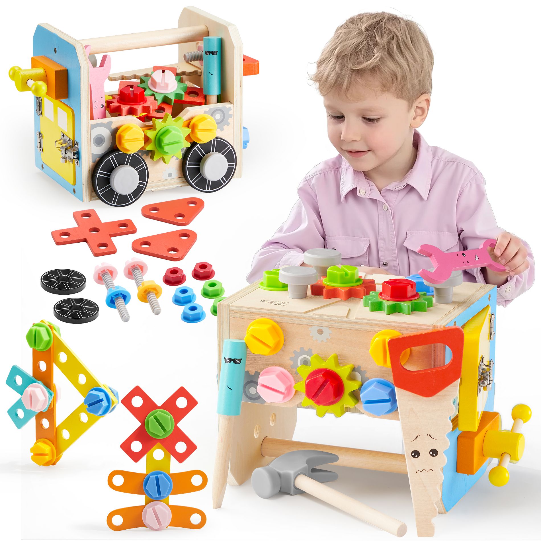 Joyfy Montessori Toys for Toddlers 3 4 5 6 Year Old, 51Pcs Kids Tool Set,Wooden Educational Learning Construction Toys for Boys & Girls, Birthday Gift