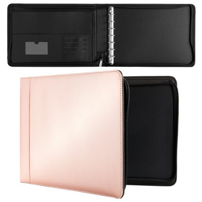 Juvale Rose Gold 7 Ring Business Checkbook Binder with Zipper for Checks, PU Leather, 15 x 11 x 2 In