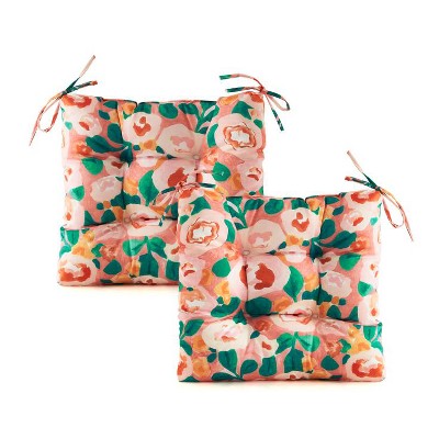ARTPLANT Outdoor Seat Cushion Pads,Set of 2,19"x19"x4",Square Tufted Outdoor Wicker Dining Chair Cushions for Patio Furniture with Ties,Floral