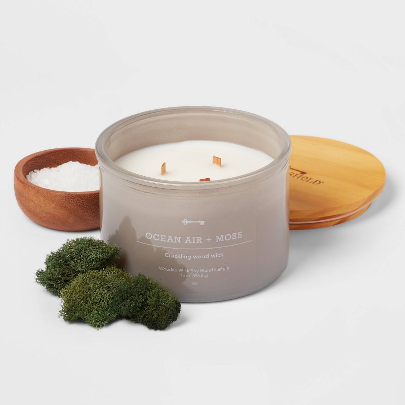 14oz Lidded Gray Glass Jar Crackling Wooden 3-Wick Candle with Clear Label Ocean Air + Moss - Threshold&#8482;, 4 of 5