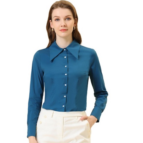 Allegra K Women's Point Collar Long Sleeve Button Shirt Lake Blue Large ...