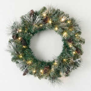Sullivans Artificial 24" Flocked LED Pine Christmas Wreath with Pinecones, Green, Indoor Christmas Decor - 1 of 4