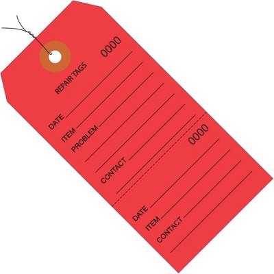 Box Partners Repair Tags Consecutively Numbered Pre-Wired 6 1/4" x 3 1/8" Red 1000 /Case G26203W