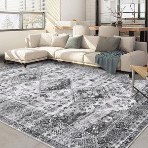 Washable Vintage Floral Rug Non-Slip Low Pile Area Rug - Stain Resistant Traditional Carpet for Living Room Bedroom Nursery Apartment - 1 of 4