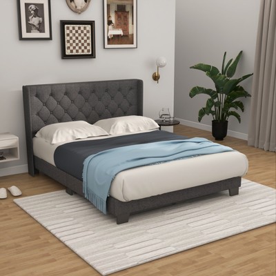 Infans Full Size Upholstered Platform Bed Tufted Headboard Mattress Foundation Grey
