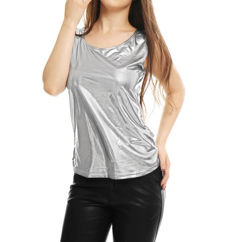 Allegra K Women's U Neck Stretchy Slim Fit Shiny Sparkly Metallic Tank Top  Silver Large