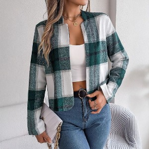 Coolmee Women Flannels Cropped Shacket Jacket Fashion Plaid Open Front Blazer Fall Coat Tops - 1 of 4