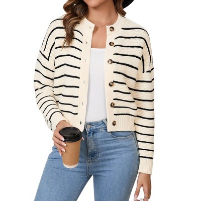 Women's Striped Cropped Cardigan Front Button Down Sweater Coats Sweater Knit Outerwear Everyday Cropped Jacket,Apricot - M