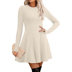 Ribbed Knit Sweater Dress for Women, Long Sleeve Crew Neck Fit and Flare A-Line Dress for Fall and Winter, Casual Office Wear Apricot - 1 of 4