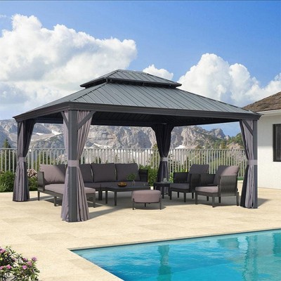 PURPLE LEAF Outdoor Gazebo Aluminum Frame Galvanized Steel Double Roof Patio Hardtop Gazebo with Curtains and Netting for Patio Lawn and Garden