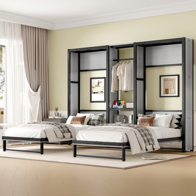 KWPZQEB Twin Size Murphy Bed, Metal Foldable Murphy Bed with Wardrobe, Shelves and Power Outlets, Multifunctional Hidden Wall Bed Cabinet