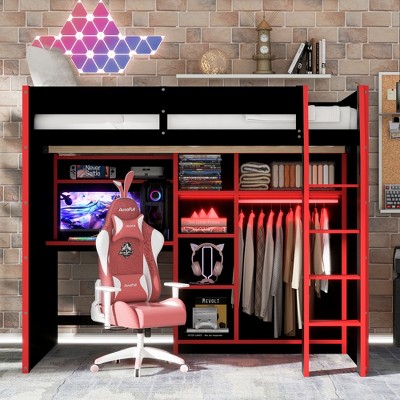 Full Size Wood Gaming Loft Bed with Desk, Open Wardrobe, Storage Compartments & RGB Lights - ModernLuxe