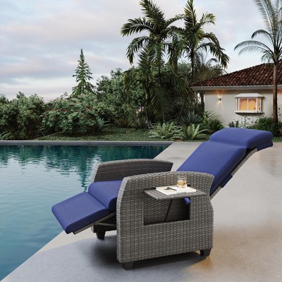 Outdoor Recliner w/ Adjustable Backrest & Footrest, All-Weather PE Wicker Lounge Chair w/ Side Table & Air Pump, 155¡ã Recline