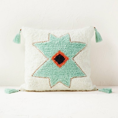 Geometric Medallion Tufted Square Throw Pillow Cream/Light Teal - Opalhouse™ designed with Jungalow™