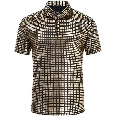 Men's 70s Disco Shirts Shiny Sequins Short Sleeve Party Shirt Slim Fit Nightclub Costume Tops