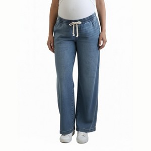 Women's Under the Belly Tie Waist Denim Wide Leg Pant | Motherhood Maternity - 1 of 3