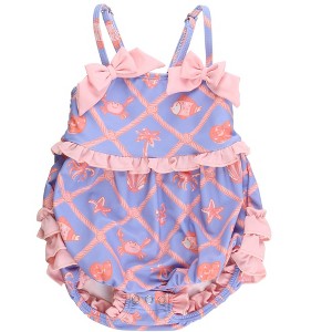 RuffleButts Baby Girls UPF50+ One Piece Bow Bubble Romper Swimsuit - 1 of 4