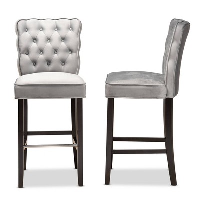 Adjustable Gray Velvet and Wood Bar Stool Set