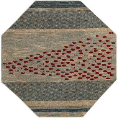 Blue and Light Blue Octagon Synthetic Indoor Area Rug