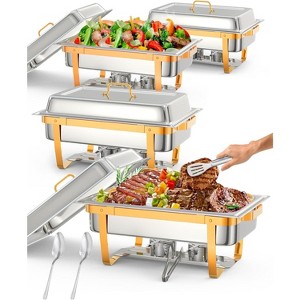 8QT chafing dish buffet set (2-pack) in gold, stainless steel with lid holder, spoon, and tweezers, ideal for banquets, parties, and dining. - 1 of 4