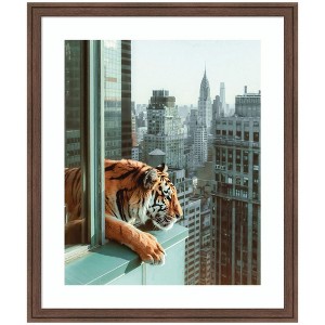Kate and Laurel Framed Art Urban Tiger Overlooking Manhattan by Michael Schauer, 22x26, Florence Medium Brown - 1 of 4