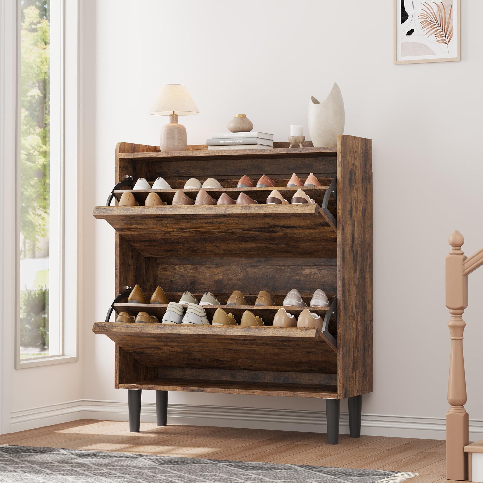 TruAIR 2-Drawer Rustic Brown Shoe Cabinet ¨C Compact Wooden Organizer for Entryway, Hallway & Living Room Storage