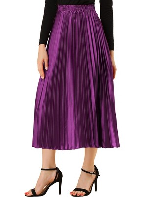INSPIRE CHIC Women's Party Elastic Waist Metallic Shiny Accordion Pleated Midi Skirt