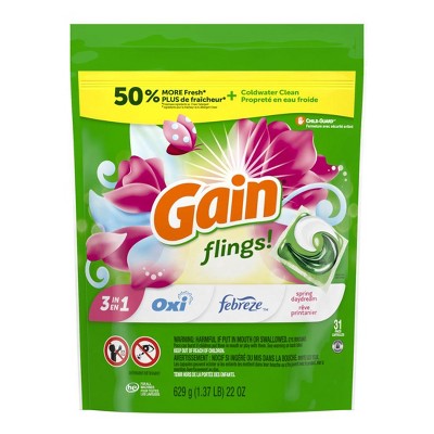 Gain Flings Laundry Detergent Pacs, 31 Count, Spring Daydream Scent, 3 in 1 HE Detergent Pacs with Oxi Boost and Febreeze