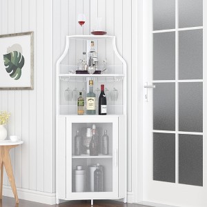 5-Tier Corner Bar Cabinet with Glass Holder & Barn Door, Farmhouse Liquor Storage with Adjustable Shelf for Kitchen, Dining Room, Home Bar, White - 1 of 4