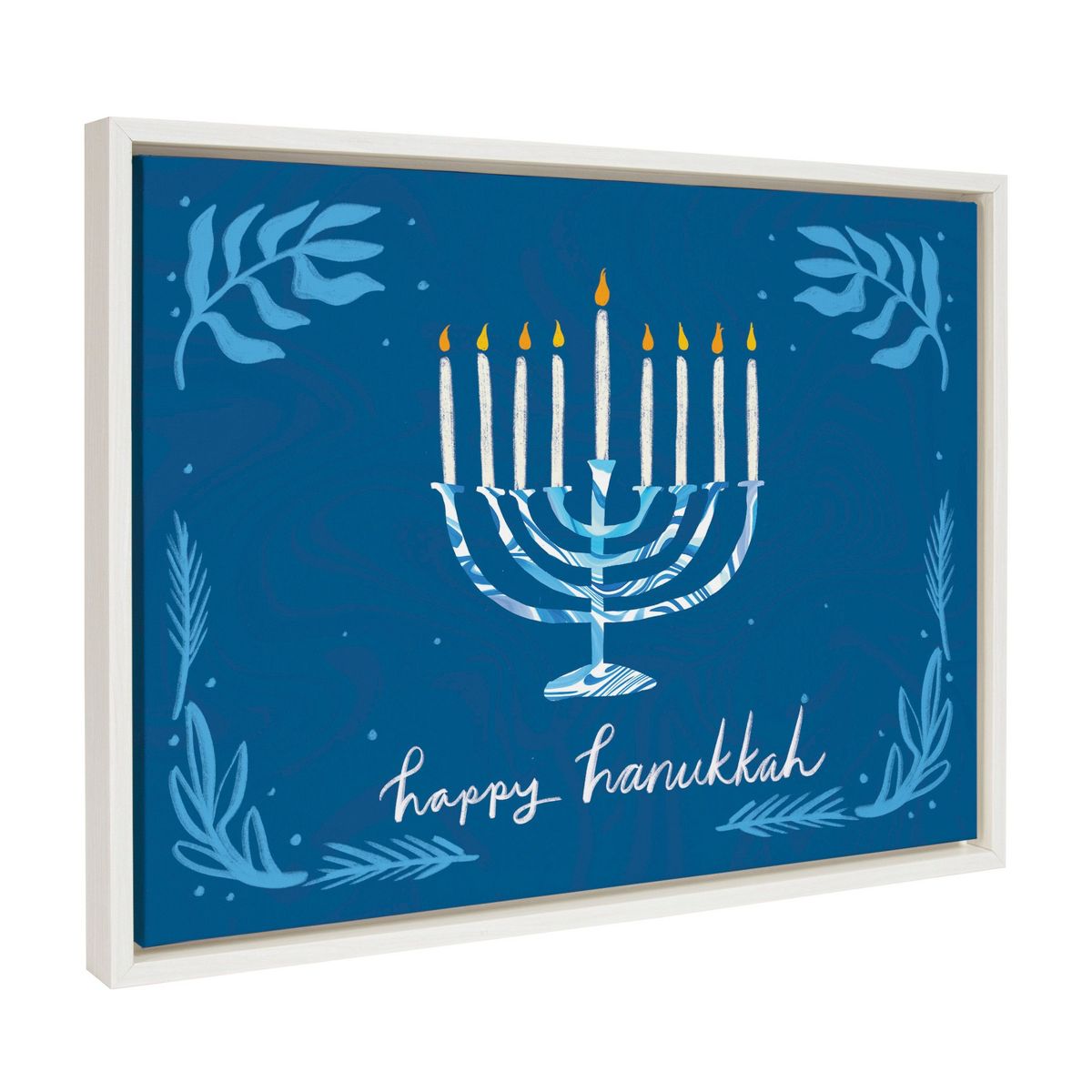 Kate and Laurel Sylvie Happy Hanukkah Framed Canvas by Jessi Raulet of Ettavee, 18x24 Sylvie White