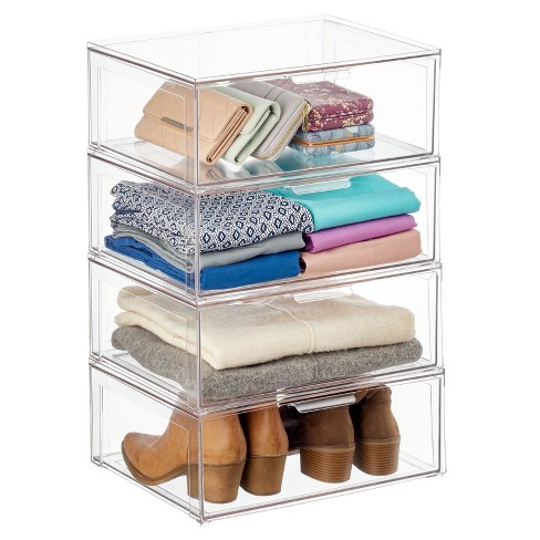 Mdesign Clarity Plastic Stacking Closet Storage Organizer Bin With Drawer,  Clear - 12 X 16 X 6, 4 Pack : Target