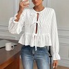 Women's Textured Long Sleeve Blouse Tie Front Ruffle Cuff Peplum Hem Casual Fashion Top - 3 of 4