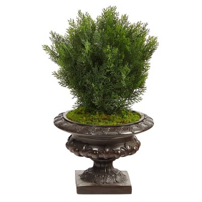 30" Indoor/Outdoor Cedar Artificial Tree in Urn Iron/Green - Nearly Natural