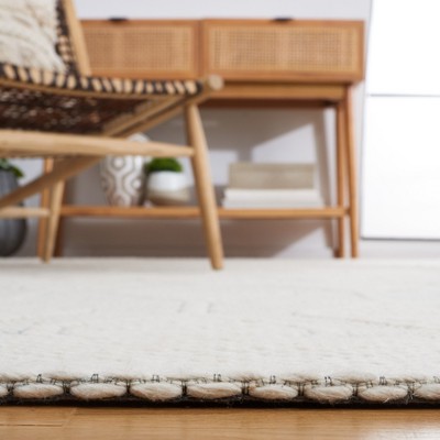 Ivory and Light Blue Geometric Wool Area Rug, 5' x 8'
