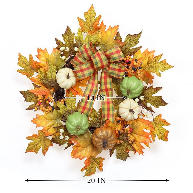 Fall Wreaths for Front Door, 20" Autumn Wreath with Pumpkin Ribbon Berries and Maples Leaf, 2 of 7