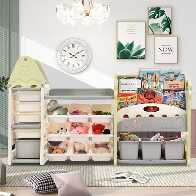 Kids Bookshelf with 17 Bins,Toy Storage Organizer Cabinet with HDPE Shelf for Playroom, Bedroom, Living Room-Tanpinhause