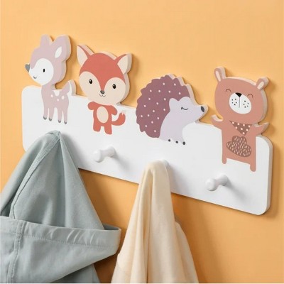 LunaLulinlk Wall Mounted Coat Rack - Robust Wooden Bag Rack with 4 Hooks - Decorative Wood Racks Ideal for Kids Bedroom Animals Design